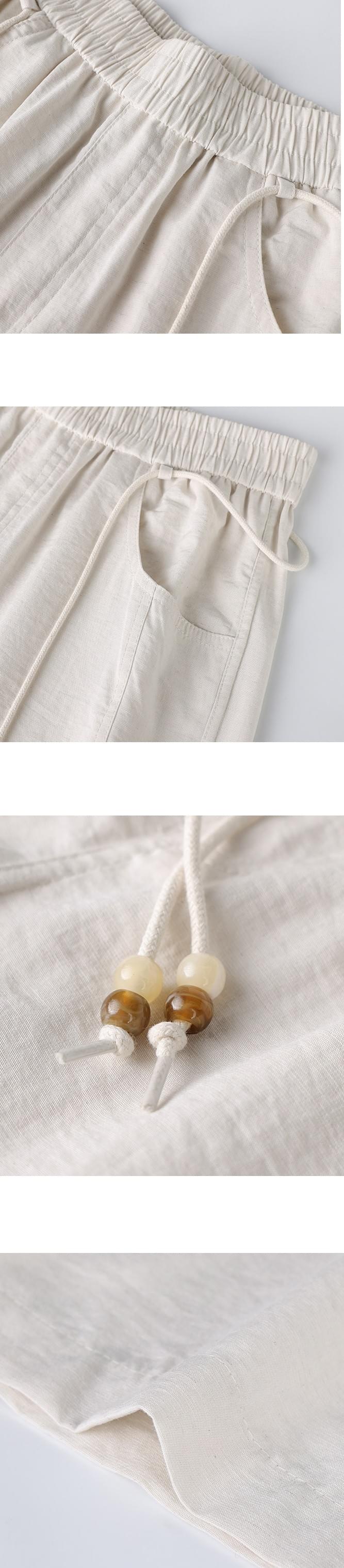 日式木珠外編織鬆緊腰繩設計 麻質闊腿直筒透氣長褲 [SBP-1206]