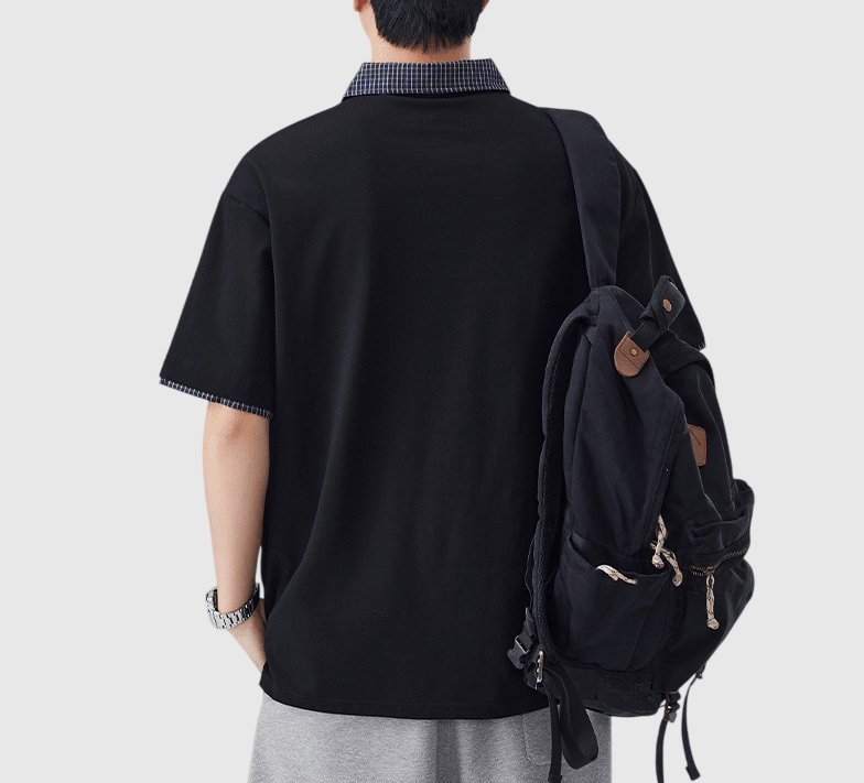 日系格紋假兩件式設計 短袖 POLO T-Shirt [SBT-1504]