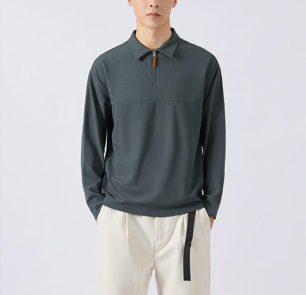 皮革撞色半拉鍊  重磅肌理紋理長袖 POLO T-Shirt [CBT-1119]