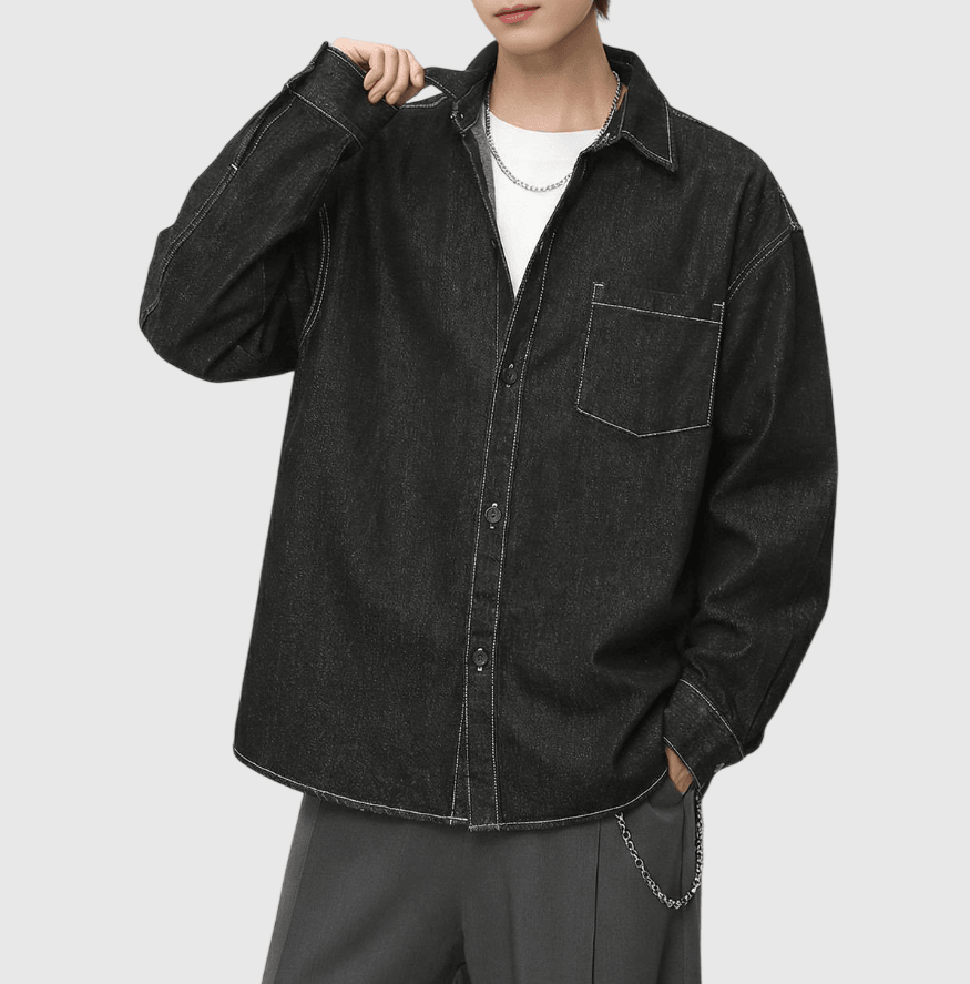 復古基礎前袋原色牛仔 純棉水洗長袖恤衫 [SBS-1346]