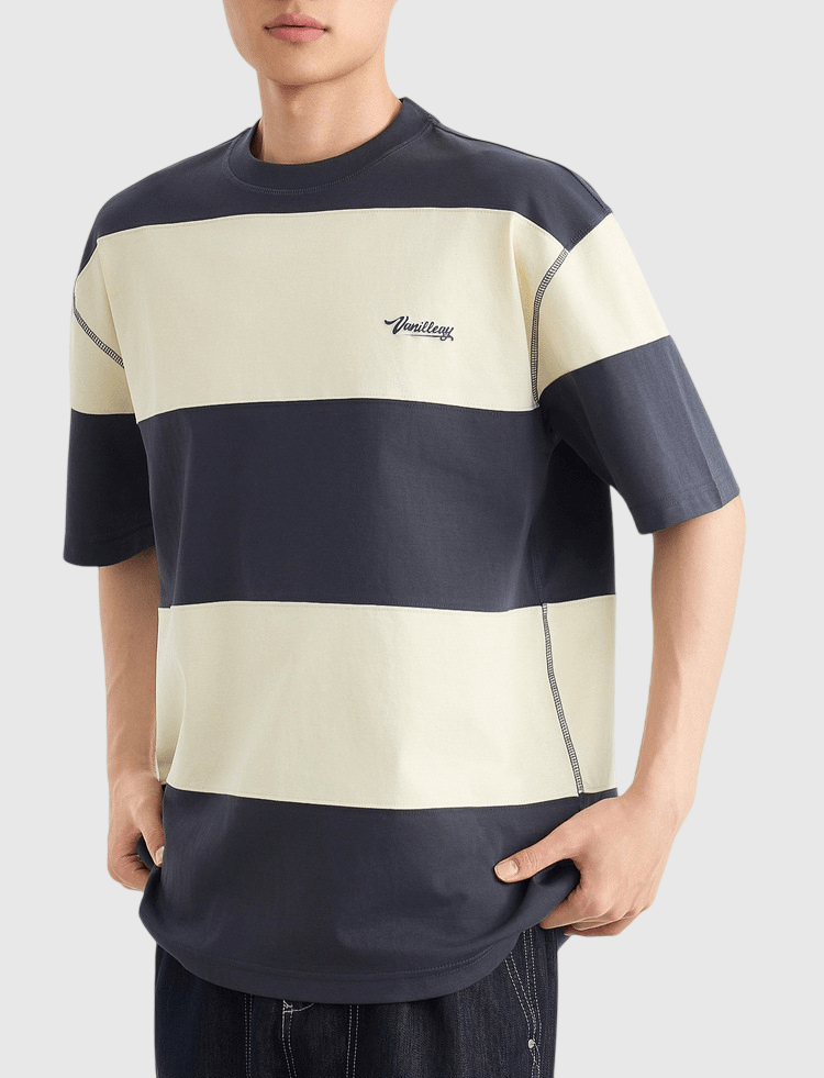 復古闊條紋文字印燙 短袖 T-Shirt [CBT-1571]