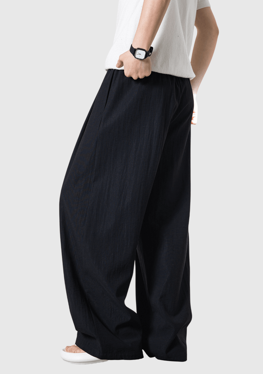 日系文藝門襟木質鈕扣 麻質闊腿直筒垂感長褲 [SBP-1200]