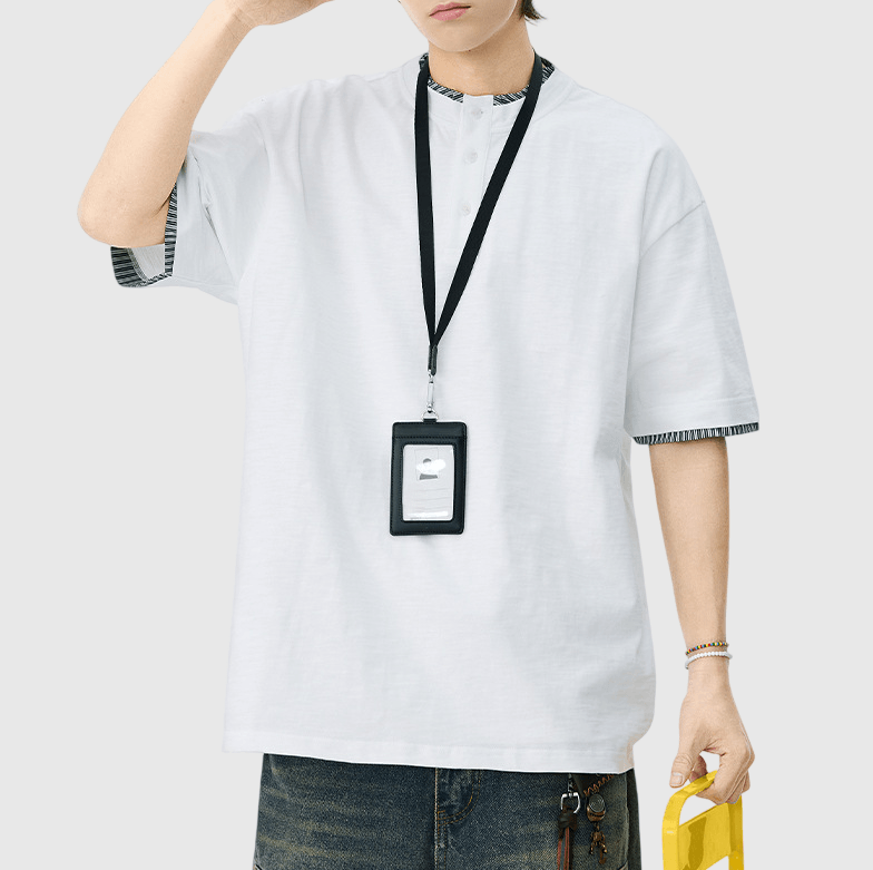 日系假兩件式條紋縫紉 亨利領純棉短袖 T-Shirt [SBT-1508]