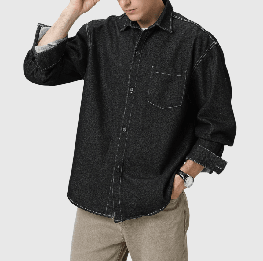 復古基礎前袋原色牛仔 純棉水洗長袖恤衫 [SBS-1346]