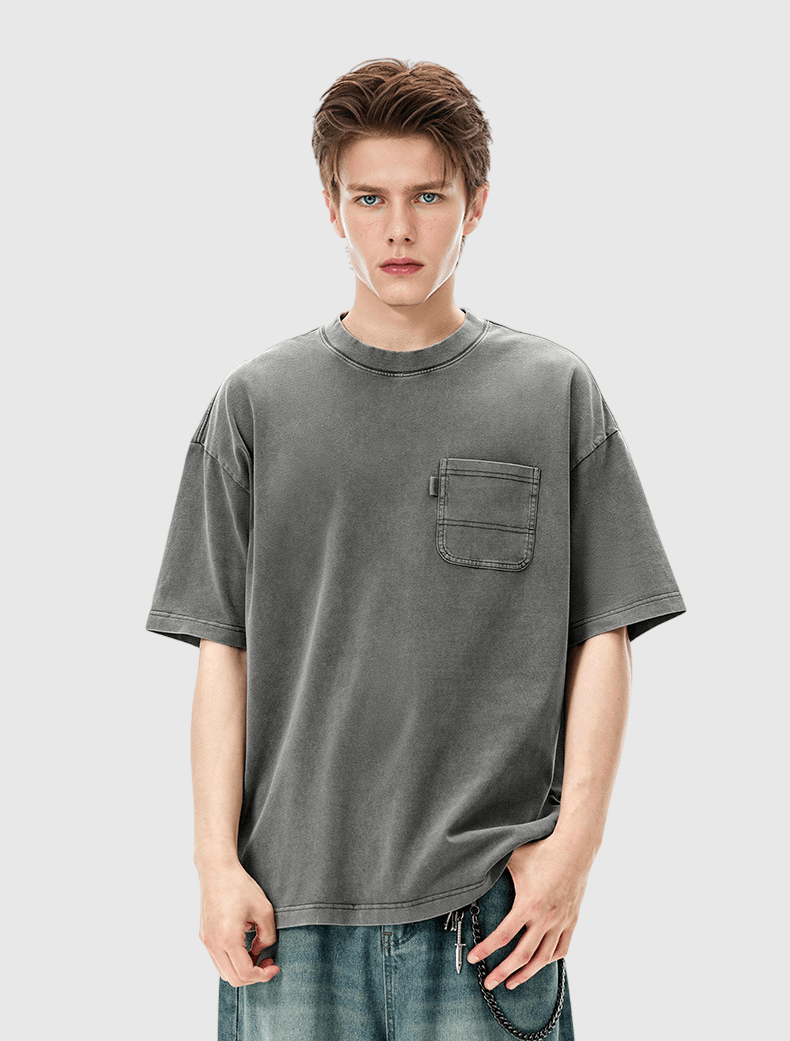 復古水洗前袋設計 純棉短袖 T-Shirt [CBT-1263]