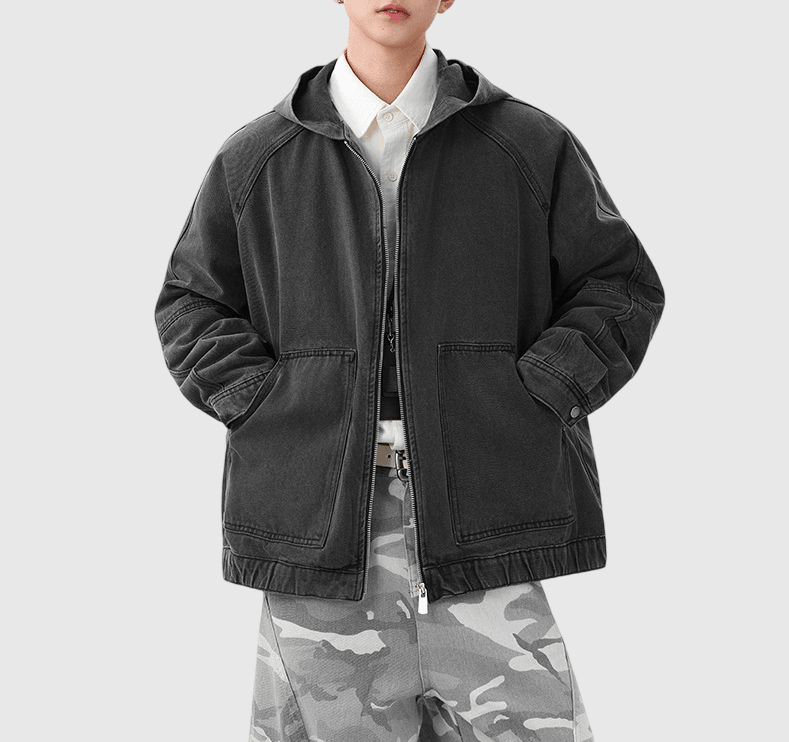 復古水洗前袋縫紉工裝 連帽牛仔外套 [CBJ-1075]