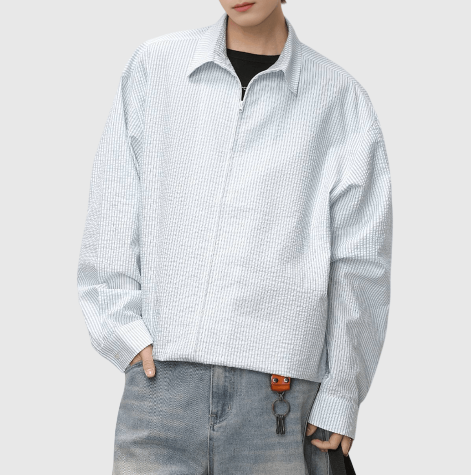 日系基礎垂直條紋紋理拉鏈設計 長袖恤衫 [SBS-1374]