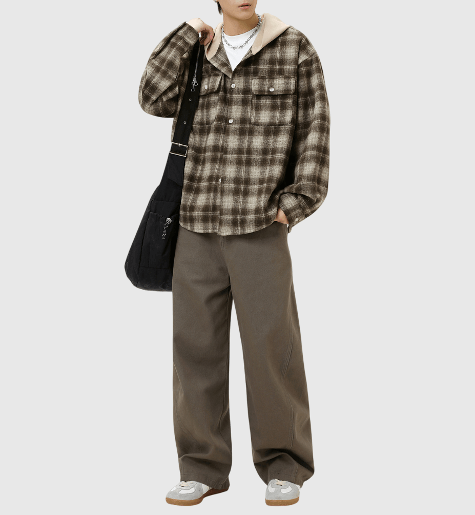 復古雙前袋格仔紋理 撞色連帽長袖外套 [SBO-1407]