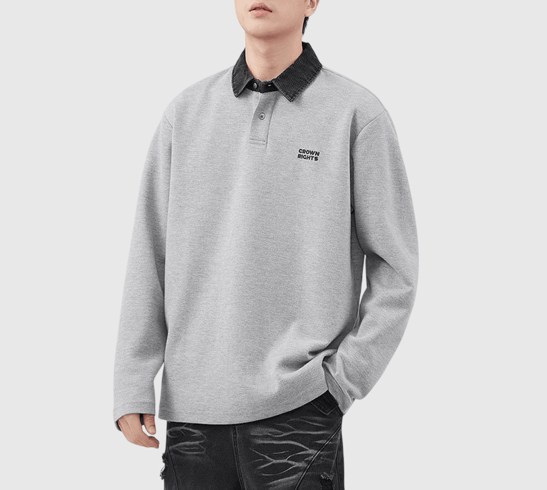 日系細文字刺繡領口撞色拼接 長袖 POLO T-Shirt [SBT-1324]