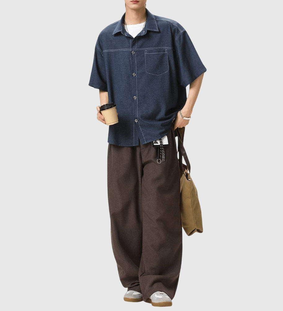 日系水洗撞色輯明線工裝 垂感透氣牛仔短袖恤衫 [SBS-1387]