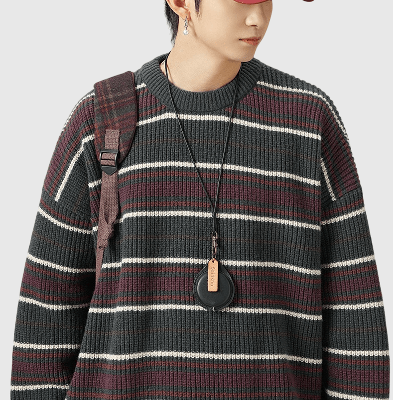 復古撞色條紋粗線針織紋理 重磅圓領毛衣 [SBK-1084]