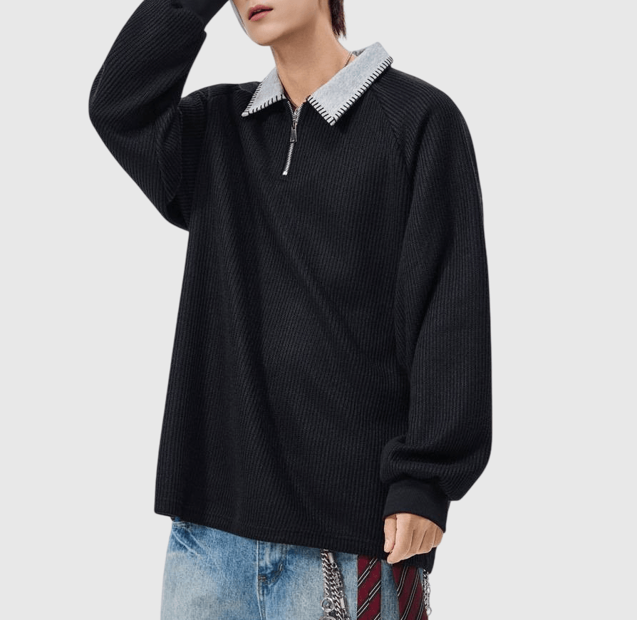 日系領口撞色縫線設計 半拉鍊長袖 POLO T-Shirt [SBT-1473]