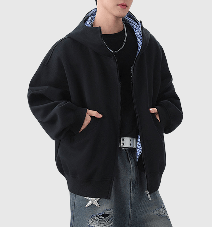 內層格仔撞色縫接 連帽衛衣外套 [CBJ-1067]