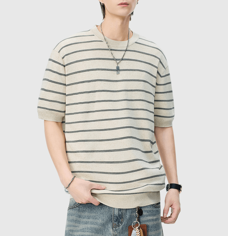 日系橫間條紋肌理紋理設計 麻質針織透氣短袖 T-Shirt [SBT-1537]