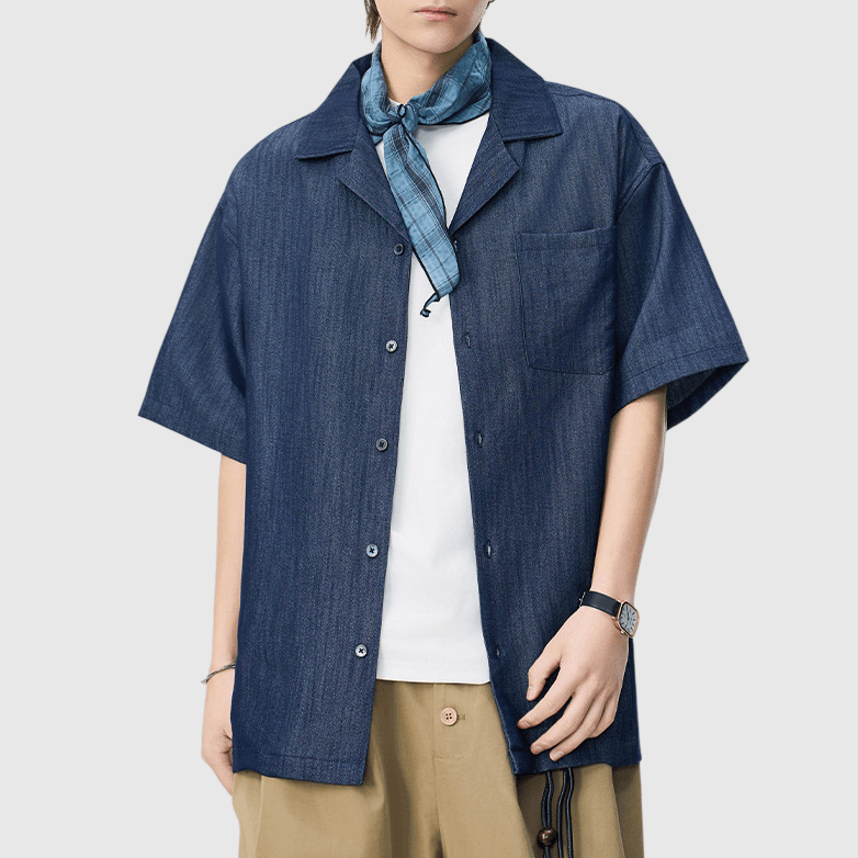 日系基礎微皺紋理 透氣垂感牛仔短袖恤衫 [SBS-1395]