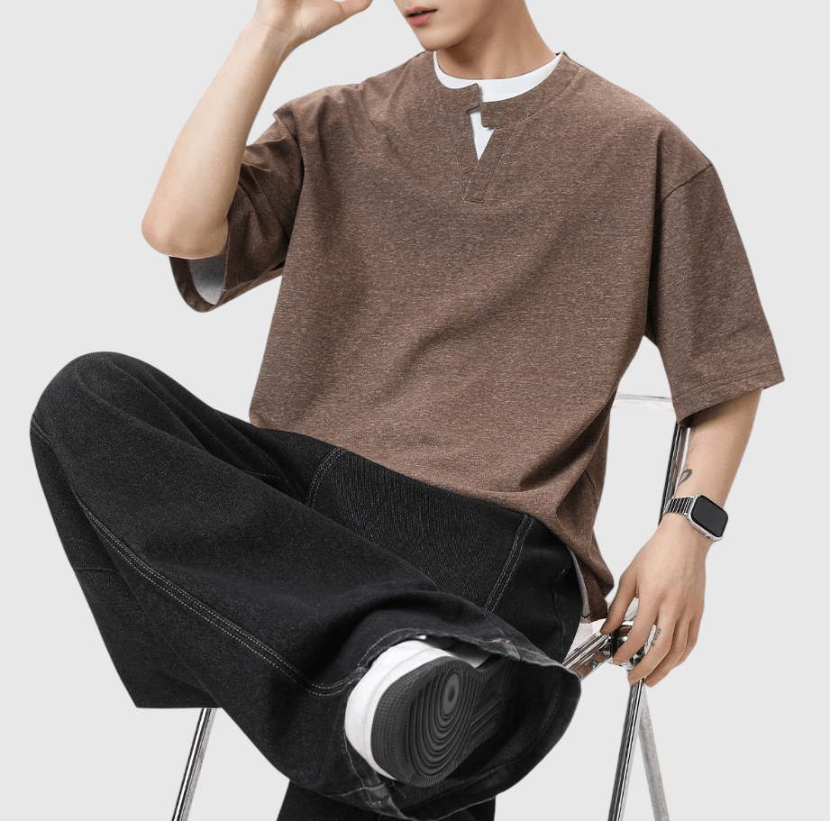 日系層次假兩件式領帶設計 V 領 純棉短袖 T-Shirt [SBT-1524]