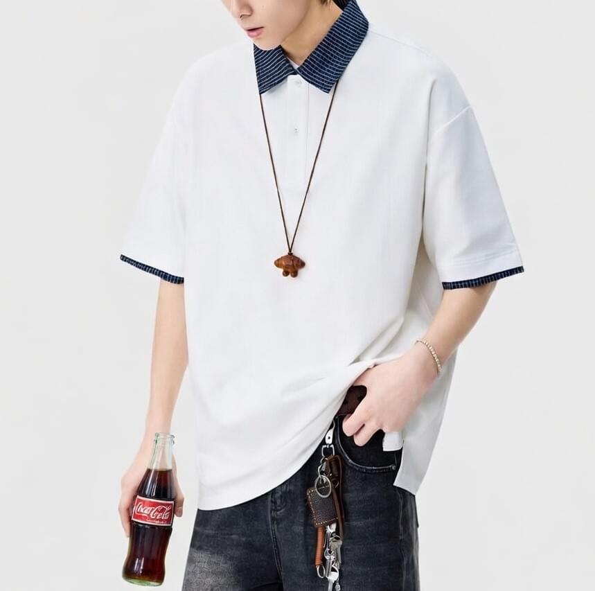 日系格紋假兩件式設計 短袖 POLO T-Shirt [SBT-1504]