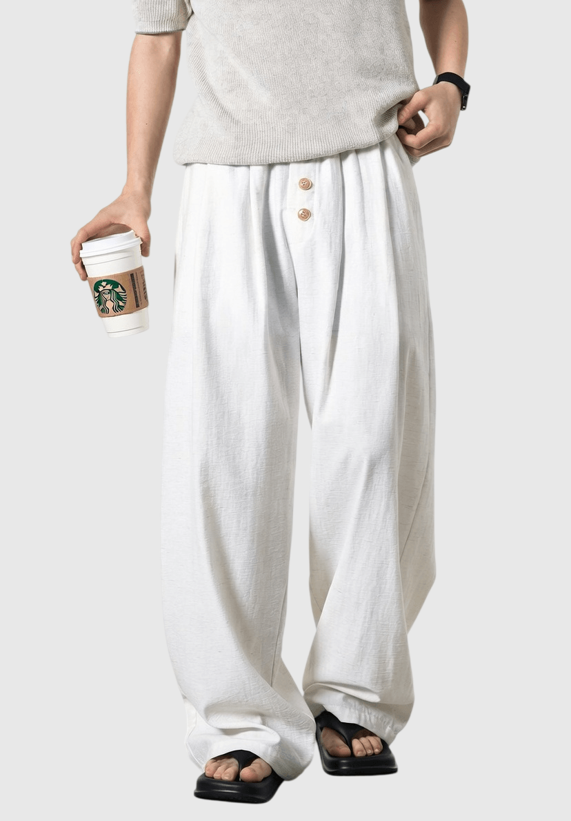 日系文藝門襟木質鈕扣 麻質闊腿直筒垂感長褲 [SBP-1200]