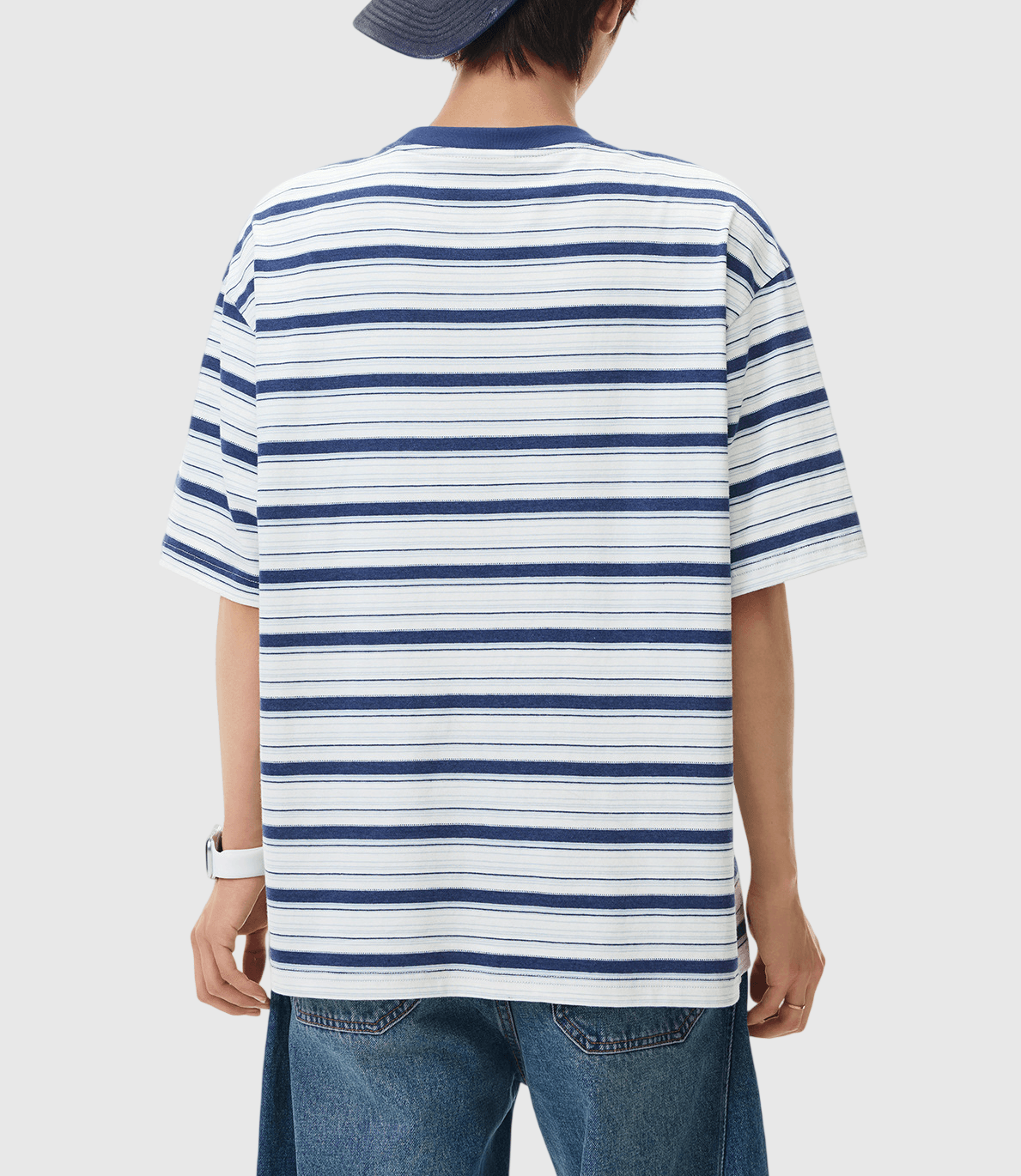 色系條紋撞色色彩細文字刺繡 純棉短袖 T-Shirt [SBT-1556]