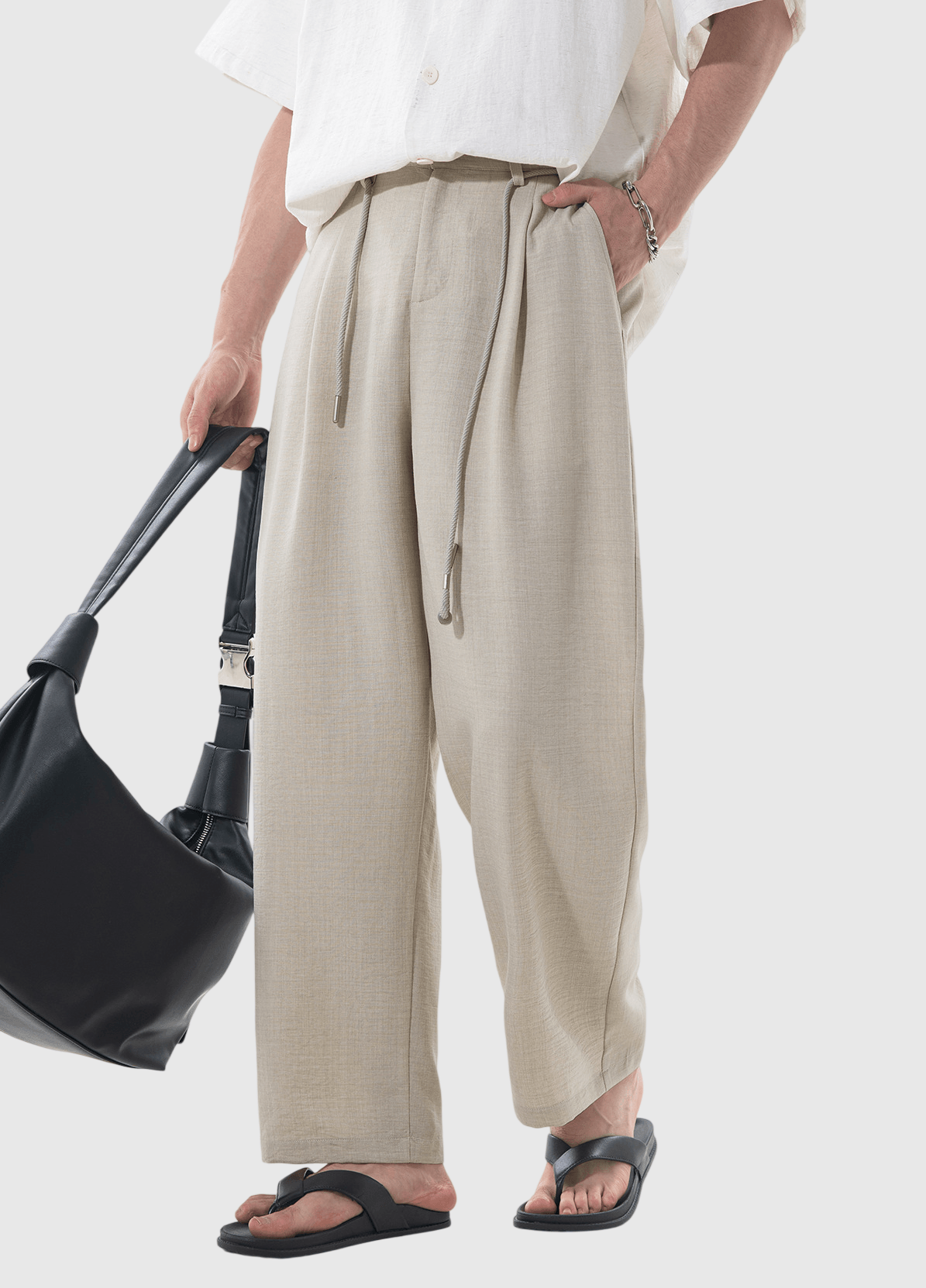 日系外編織鬆緊腰繩設計 麻質闊腿直筒垂感長褲 [SBP-1201]