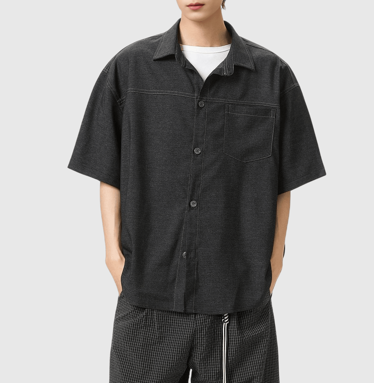 日系水洗撞色輯明線工裝 垂感透氣牛仔短袖恤衫 [SBS-1387]