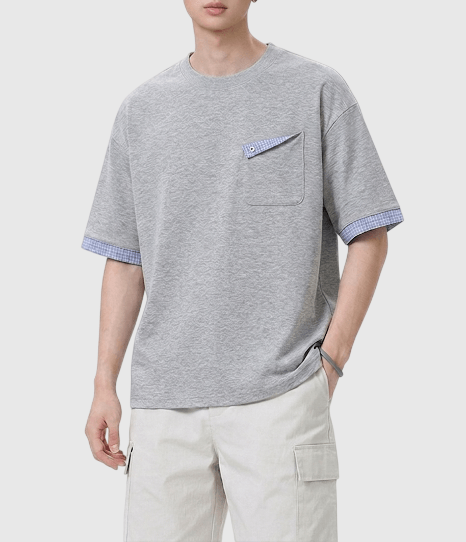 日系格紋拼布前袋反向設計 短袖 T-Shirt [SBT-1570]