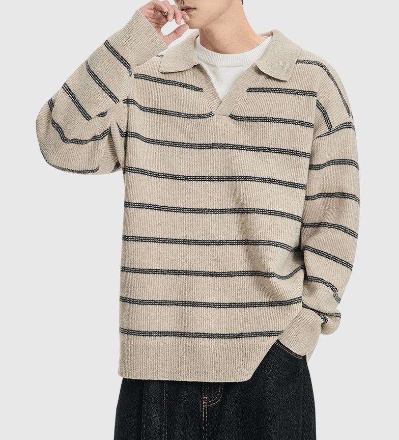 層次假兩件式條紋色織設計  V 領針織毛衣 [SBK-1133]