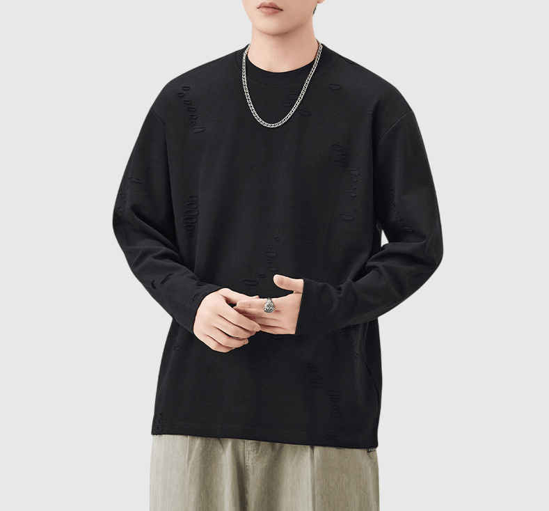 復古不規則破洞造舊設計 長袖 T-Shirt [SBT-1456]