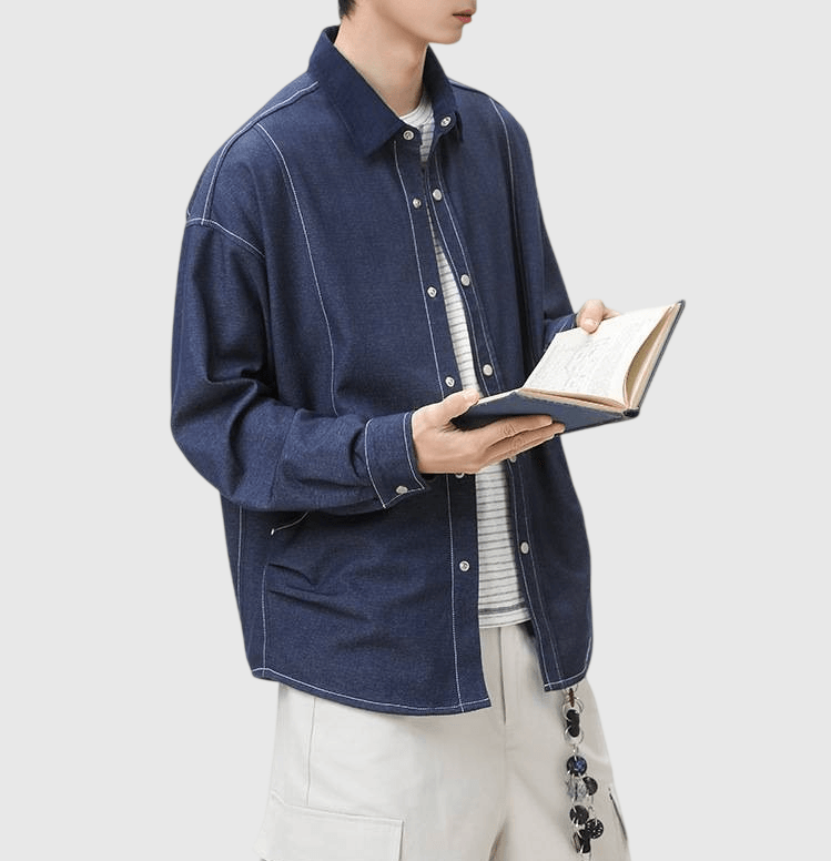 復古水洗立體撞色縫線工裝 長袖牛仔恤衫 [SBS-1380]