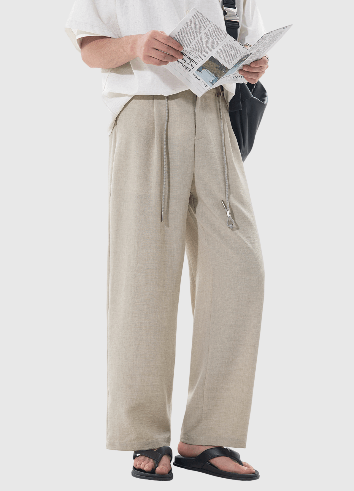 日系外編織鬆緊腰繩設計 麻質闊腿直筒垂感長褲 [SBP-1201]