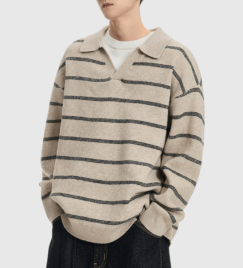 層次假兩件式條紋色織設計  V 領針織毛衣 [SBK-1133]