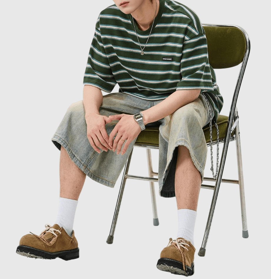 復古層次撞色橫間條紋 短袖 T-Shirt [SBT-1475]