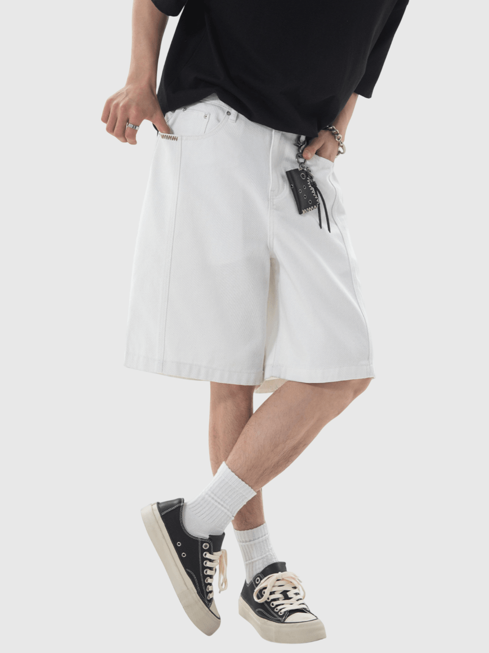 日系基礎撞色縫線刺繡設計 牛仔布短褲 [SBST-1156]