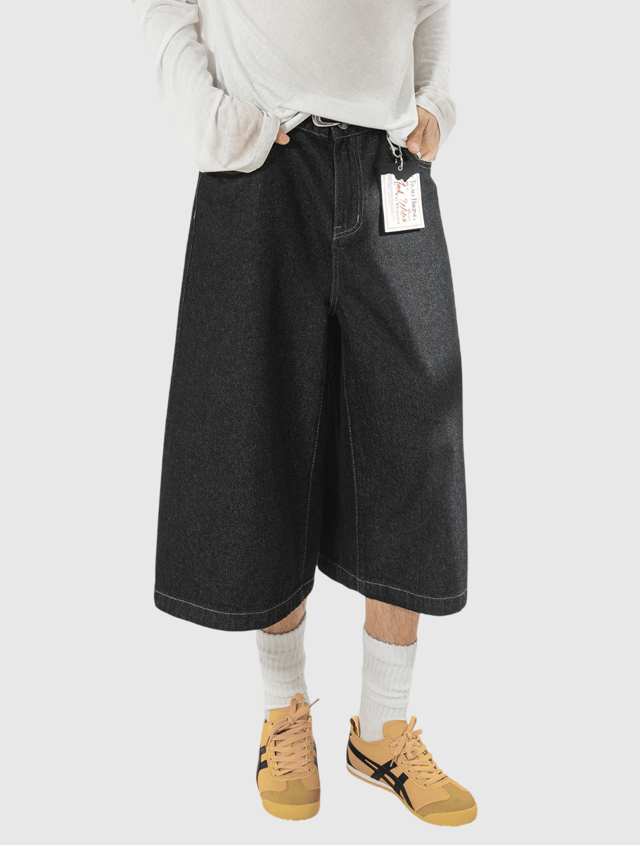 日系基礎明輯縫紉線設計 闊腳七分牛仔短褲 [SBST-1149]