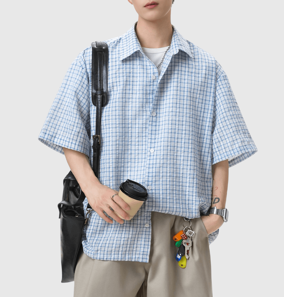 日系基礎細格仔皺褶紋理工藝 透氣短袖恤衫 [SBS-1394]