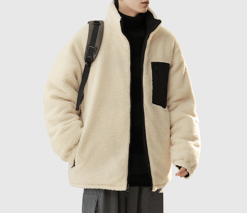 日系拉鍵前袋色系撞色 雙面穿著絨毛粒拼風褸夾棉外套 [SBO-1492]