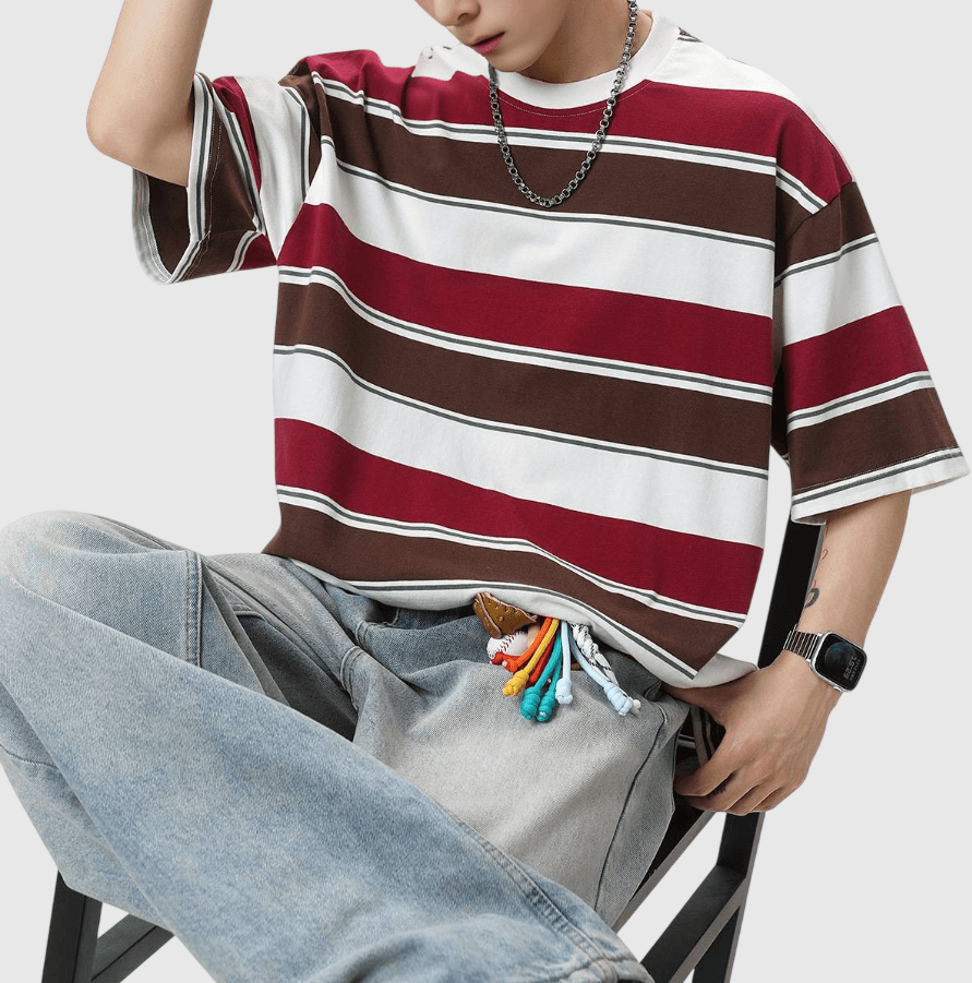 色系撞色橫間闊條紋設計 短袖 T-Shirt [SBT-1513]