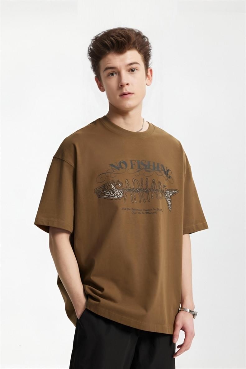魚骨文字圖案立體印燙 純棉短袖 T-Shirt [CBT-1238]