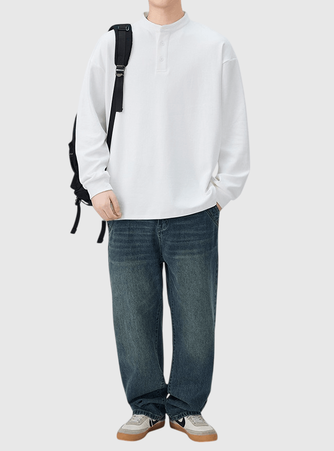 復古半開襟鈕扣 亨利領純棉長袖 T-Shirt [SBT-1451]
