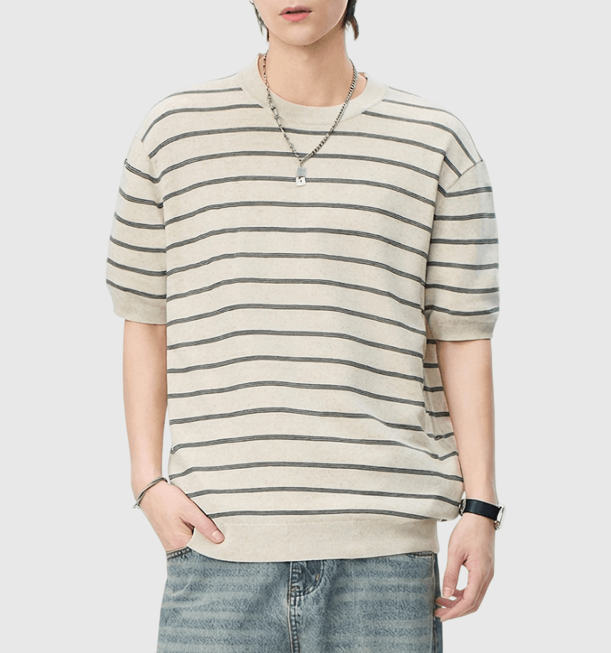 日系橫間條紋肌理紋理設計 麻質針織透氣短袖 T-Shirt [SBT-1537]