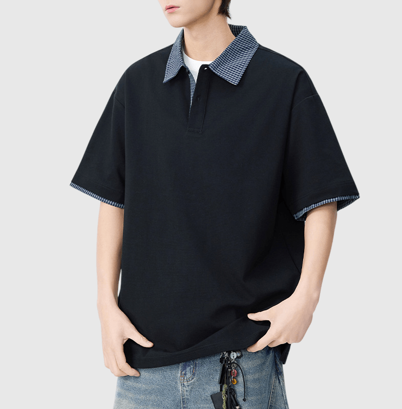 日系格紋假兩件式設計 短袖 POLO T-Shirt [SBT-1504]