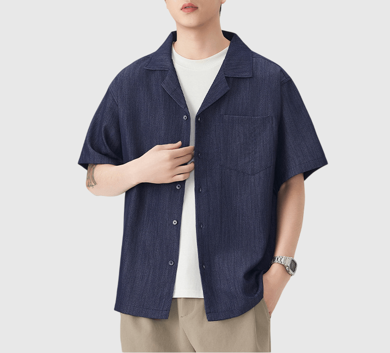 日系基礎微皺紋理 透氣垂感牛仔短袖恤衫 [SBS-1395]