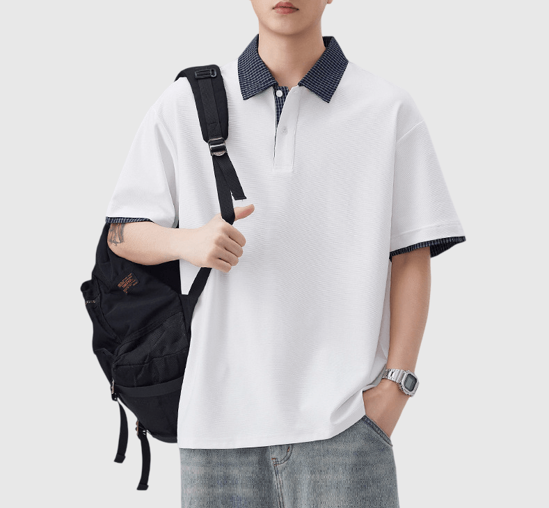 日系格紋假兩件式設計 短袖 POLO T-Shirt [SBT-1504]