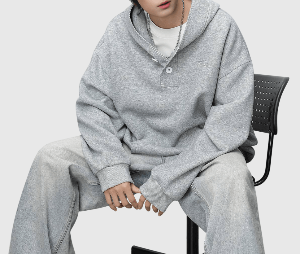 日系帽簷撞色縫線設計 半開領鈕扣連帽衛衣 [SBH-1344]