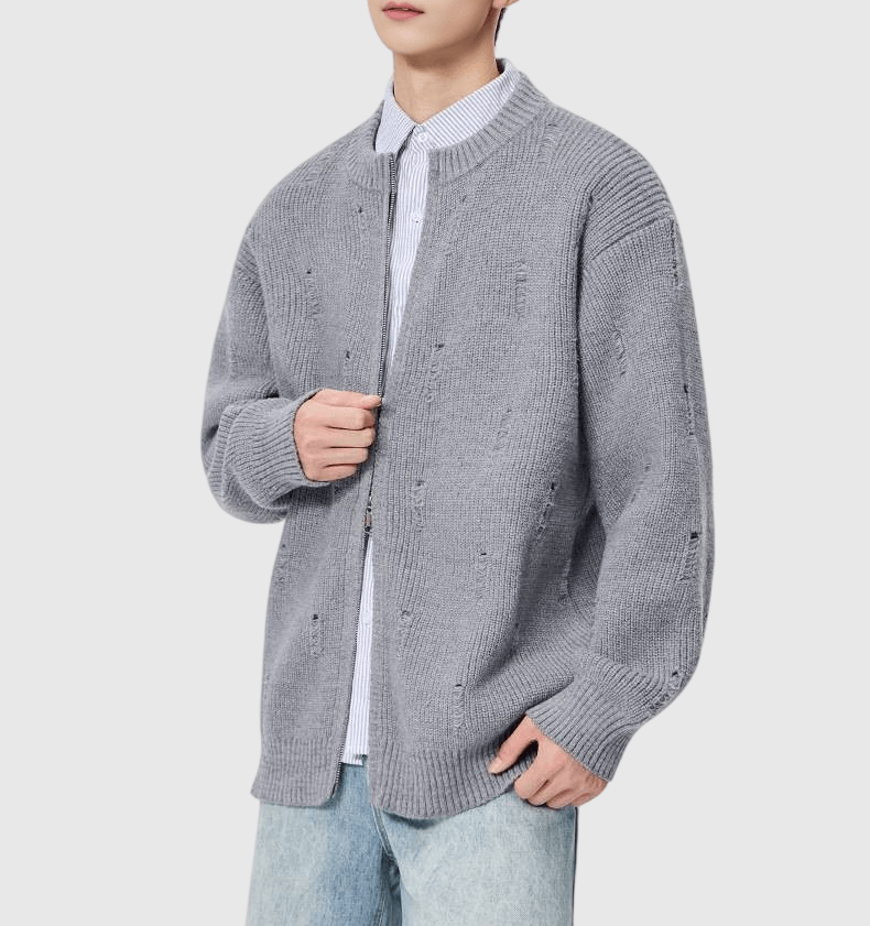 日系不規則破洞 針織圓領開胸外套 [SBO-1503]