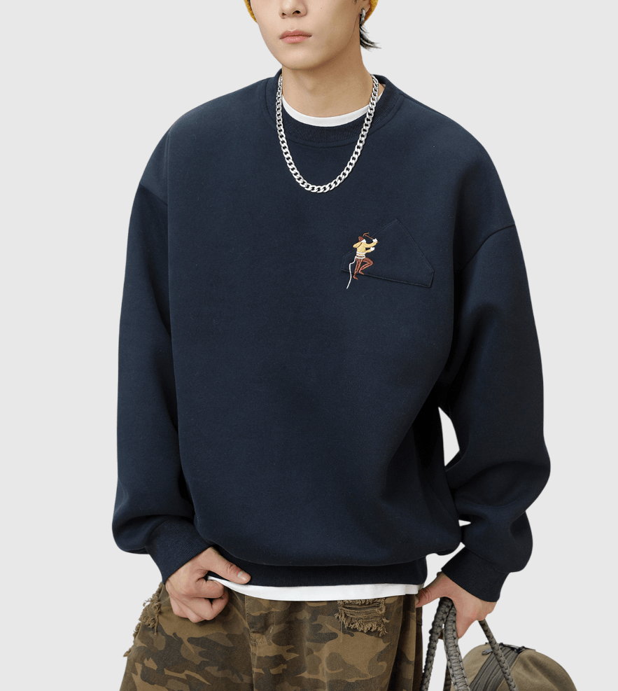 日系登山人像細圖案刺繡 重磅圓領長袖衛衣 [SBH-1281]