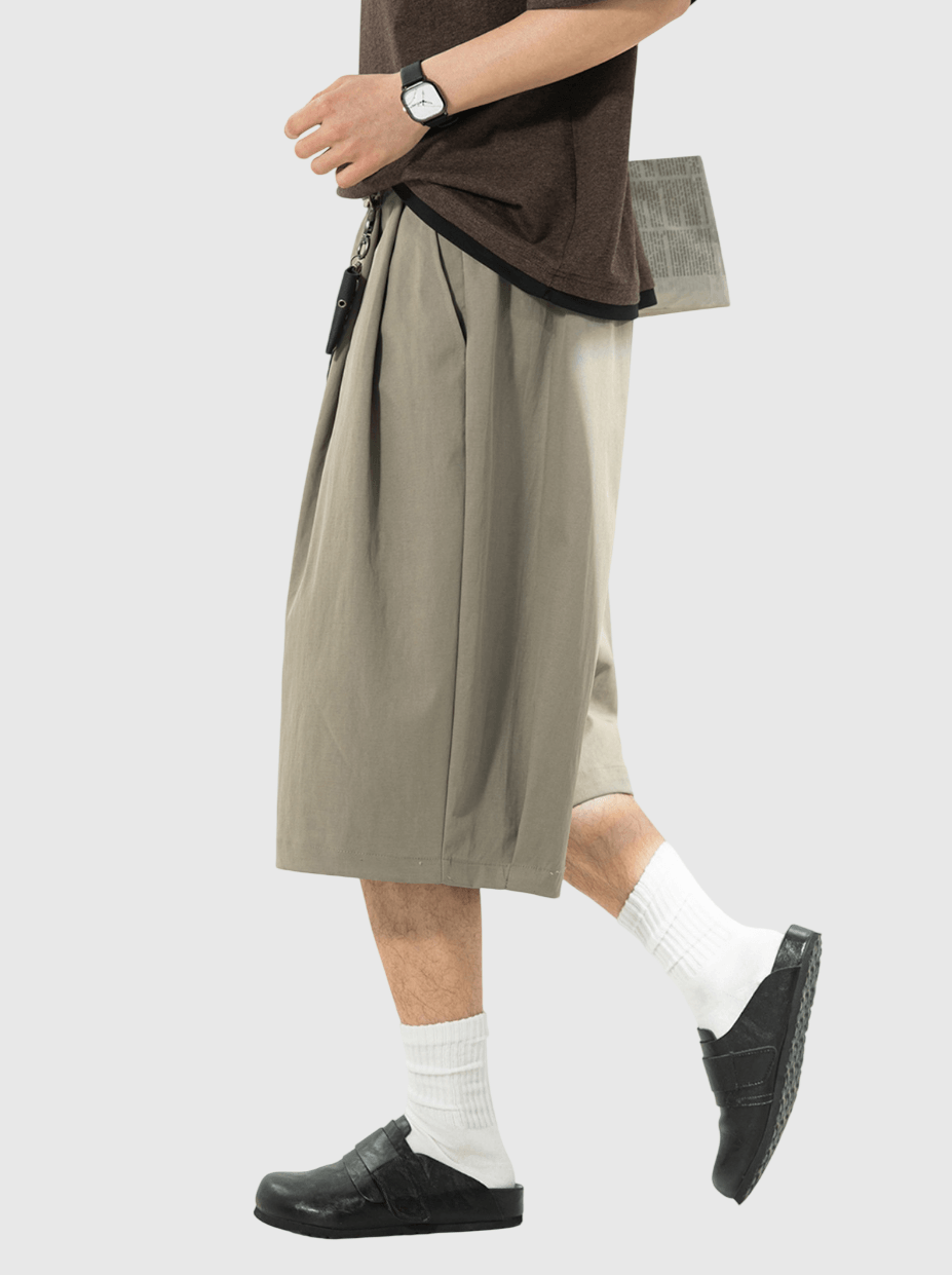 日系基礎立體褶皺縫紉設計  闊腳透氣垂感七分短褲 [SBST-1148]