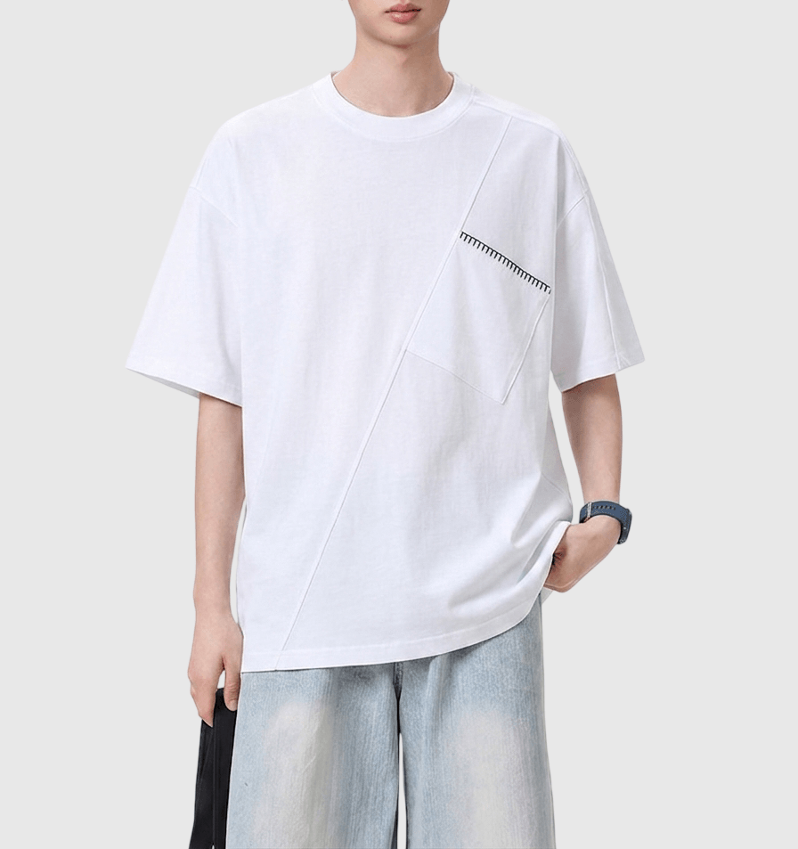 斜前袋手工縫線設計 純棉短袖 T-Shirt [SBT-1574]