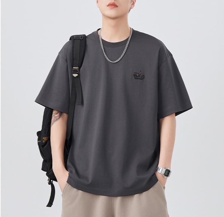 復古電單車細圖案刺繡 純棉短袖 T-Shirt [SBT-1430]