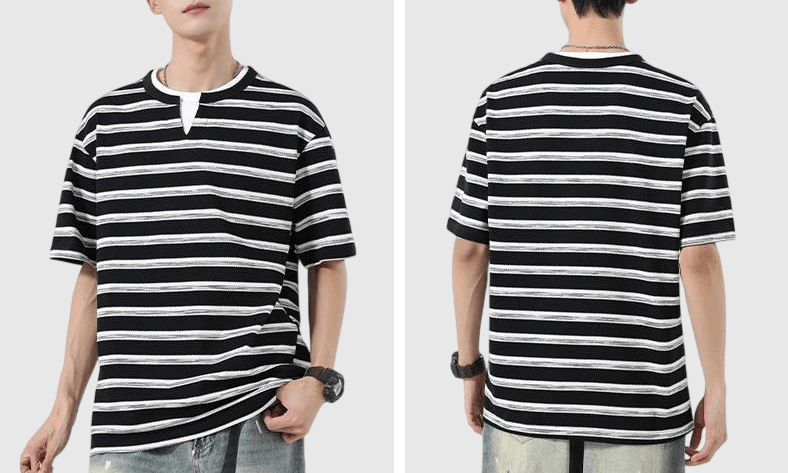 復古層次撞色橫間條紋設計 短袖 T-Shirt [SBT-1495]